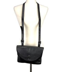 Eileen Fisher Black Pebbled Leather Double Flap Crossbody Purse‎ Bag Minimalist